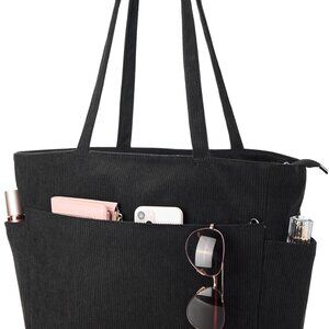 Large Corduroy Tote Bag Women Anti Splash Zipper Casual Work Travel